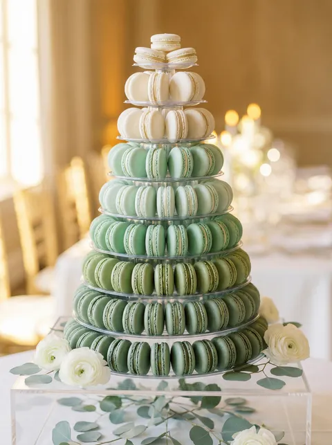 Torre de macarons em degradê de verde para casamento